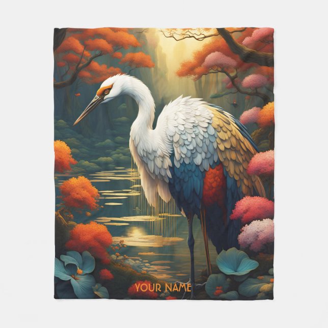 Fantasy Cute Vivid Majestic Crane Flowers Fleece Blanket (Front)