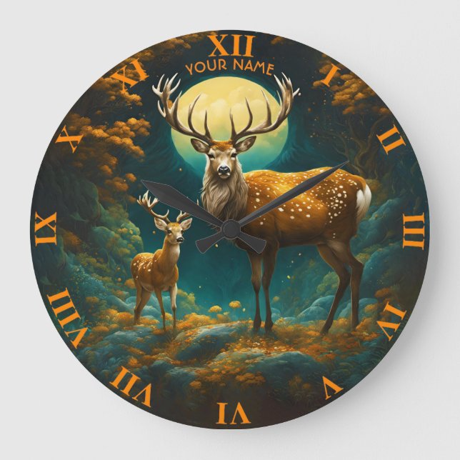 Fantasy Cute Vivid Majestic Deer Forest Large Clock (Front)