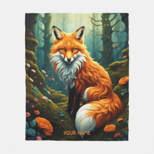 Fantasy Cute Vivid Majestic Fox Flowers Fleece Blanket