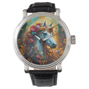 Fantasy Cute Vivid Majestic Unicorn Flowers Watch