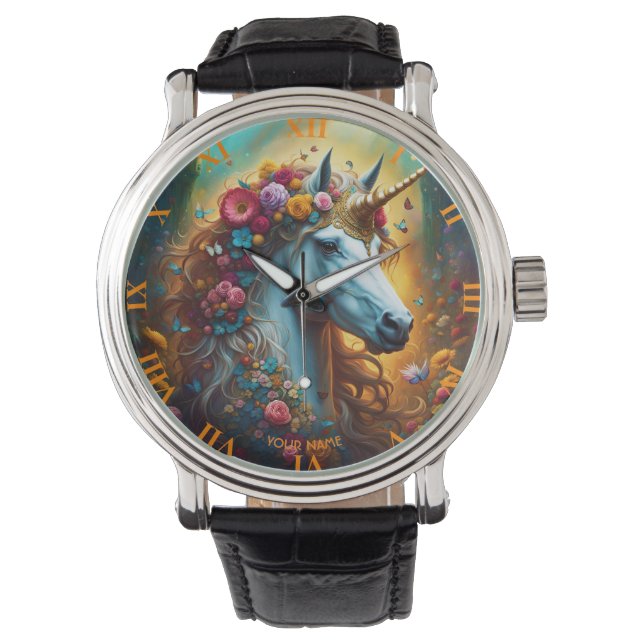 Fantasy Cute Vivid Majestic Unicorn Flowers Watch (Front)