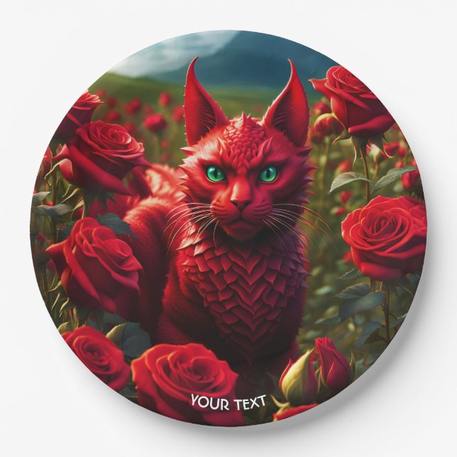Fantasy Cute Vivid Red Cat Dragon Paper Plate (Front)