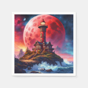 Fantasy Cute Vivid Red Lighthouse Moon Napkin