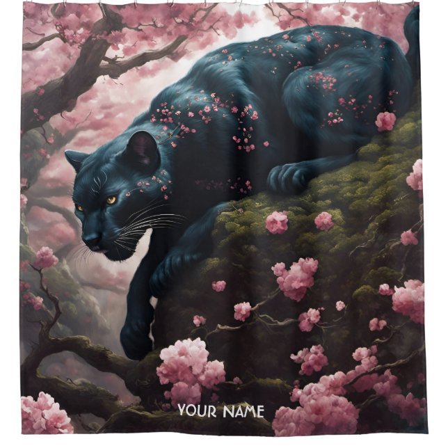 Fantasy Cute Vivid Romantic Panther Portrait Shower Curtain (Front)