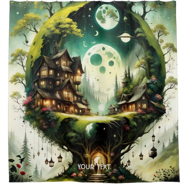 Fantasy Cute Vivid Tree House Moon Shower Curtain (Front)