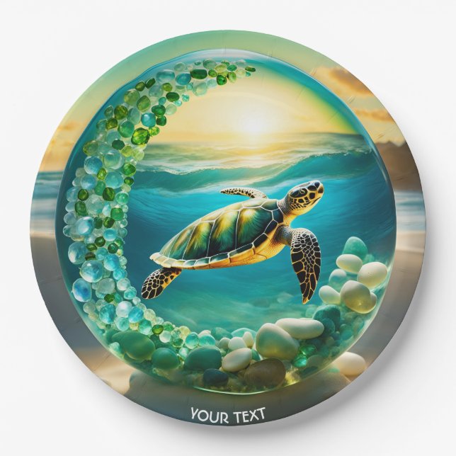 Fantasy Cute Vivid Turtle Sea Waves Paper Plate (Front)