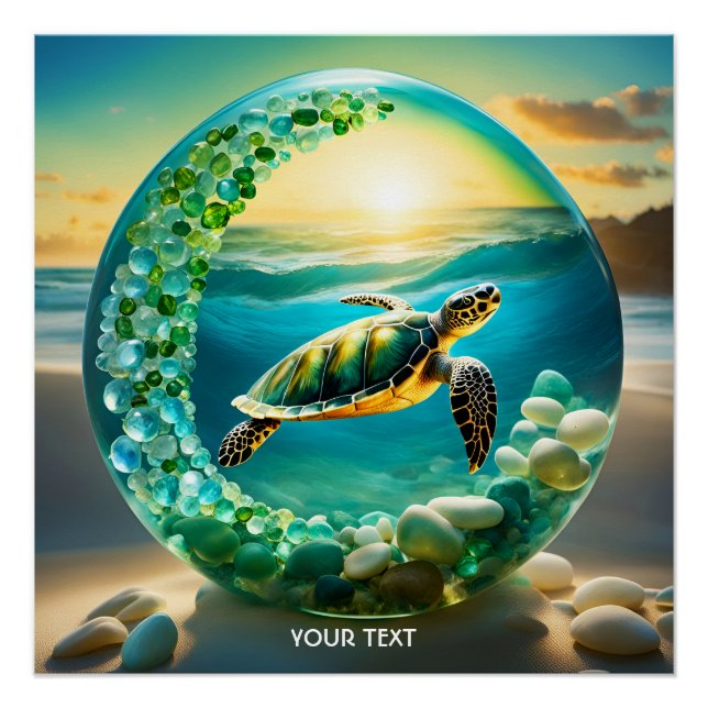 Fantasy Cute Vivid Turtle Sea Waves Poster (Front)