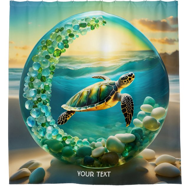 Fantasy Cute Vivid Turtle Sea Waves Shower Curtain (Front)