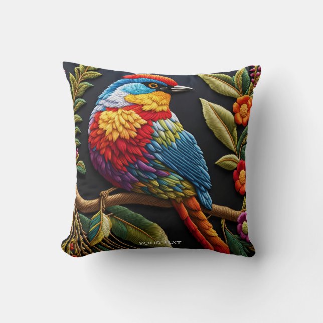 Fantasy Cute Vivid Vibrant Embroidered Bird Cushion (Front)