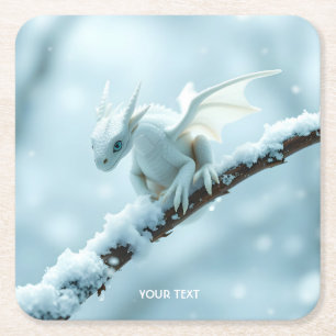 Fantasy Cute White Baby Dragon Square Paper Coaster