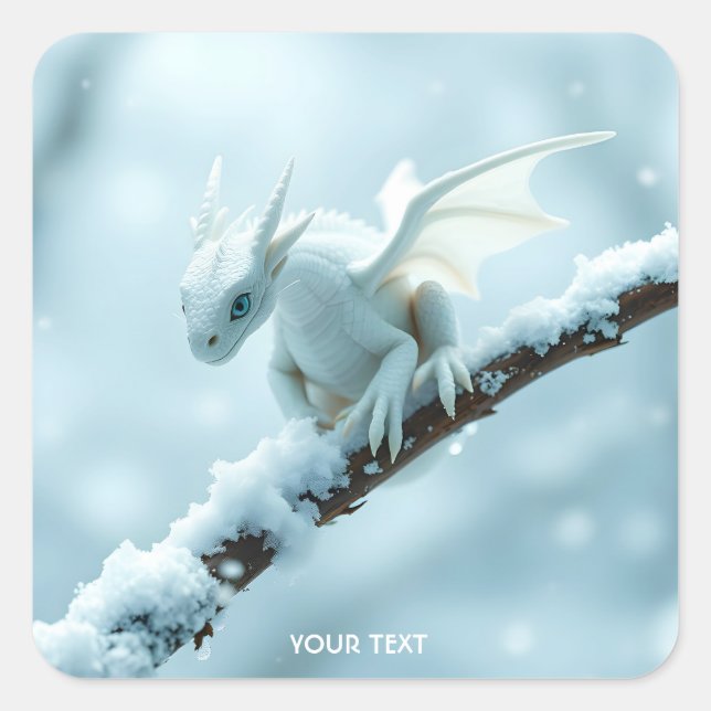 Fantasy Cute White Baby Dragon Square Sticker (Front)
