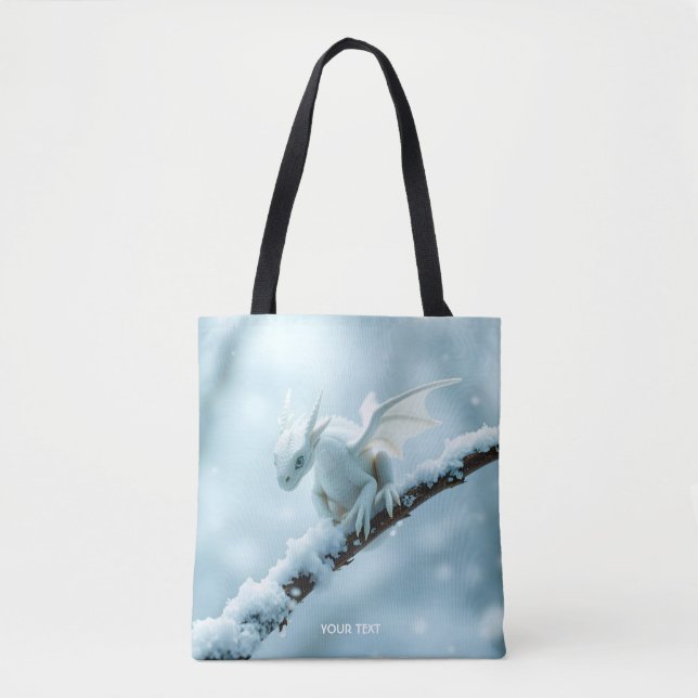 Fantasy Cute White Baby Dragon Tote Bag (Front)