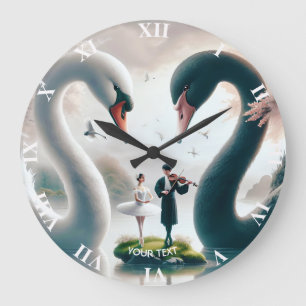 Fantasy Cute White Black Swans Large Clock