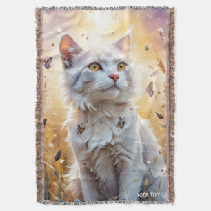 Fantasy Cute White Cat Butterflies Throw Blanket