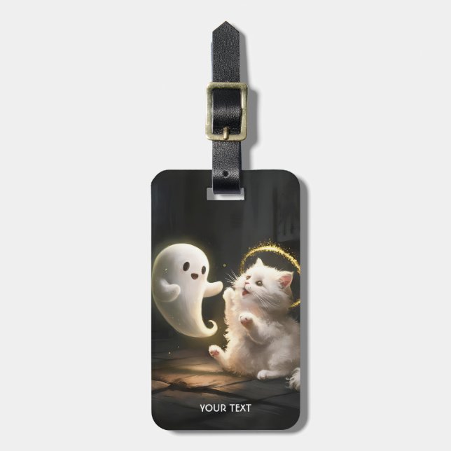 Fantasy Cute White Ghost Cat Luggage Tag (Front Vertical)