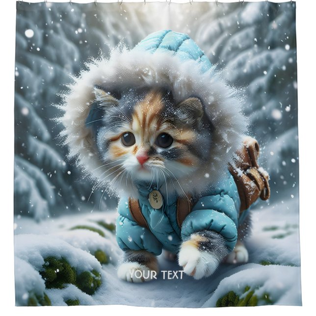Fantasy Cute Winter Kitten Snow Shower Curtain (Front)
