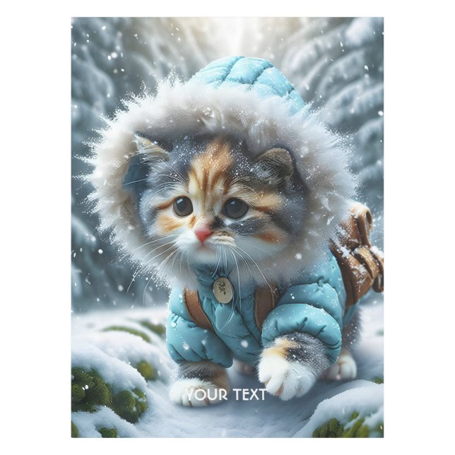 Fantasy Cute Winter Kitten Snow Tablecloth (Front)