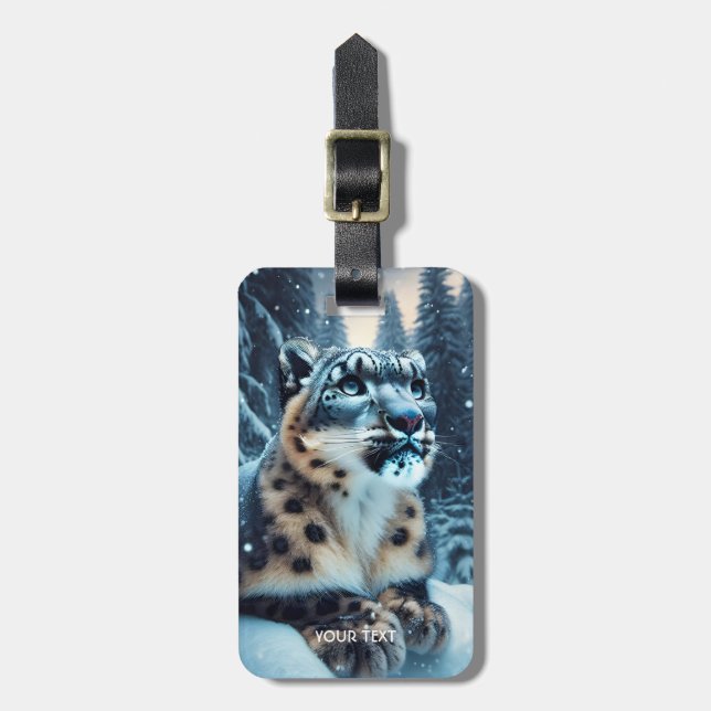 Fantasy Cute Winter Snow Leopard Luggage Tag (Front Vertical)