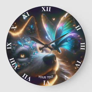 Fantasy Cute Wolf Butterfly Space Large Clock