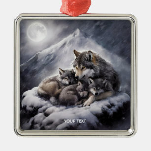 Fantasy Cute Wolf Family Winter Metal Tree Decoration