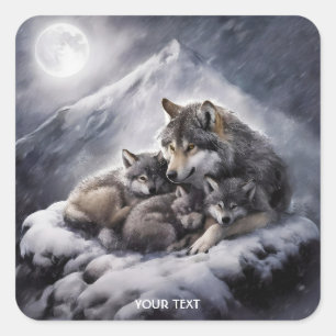 Fantasy Cute Wolf Family Winter Square Sticker