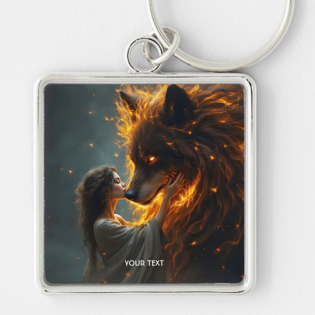 Fantasy Cute Wolf Girl Fire Key Ring (Front)