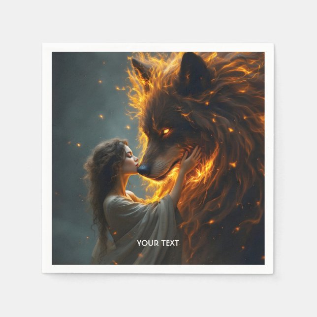 Fantasy Cute Wolf Girl Fire Napkin (Front)