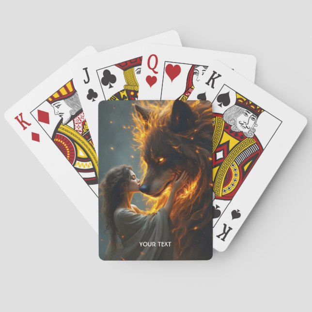 Fantasy Cute Wolf Girl Fire Playing Cards (Back)