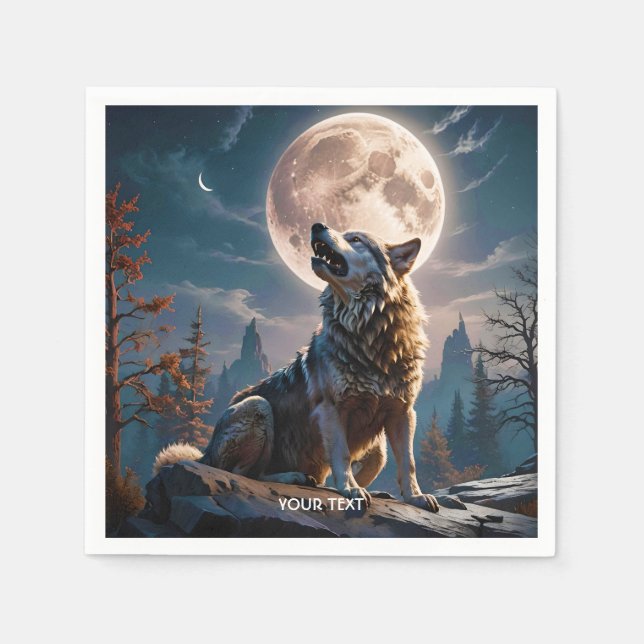 Fantasy Cute Wolf Howling To Moon Napkin (Front)