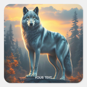 Fantasy Cute Wolf On Rock Square Sticker