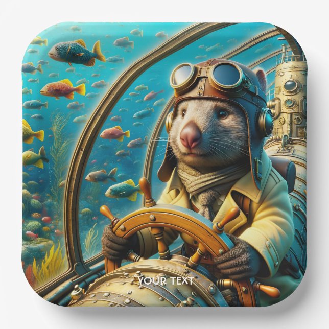 Fantasy Cute Wombat Pilot Underwater Paper Plate (Front)