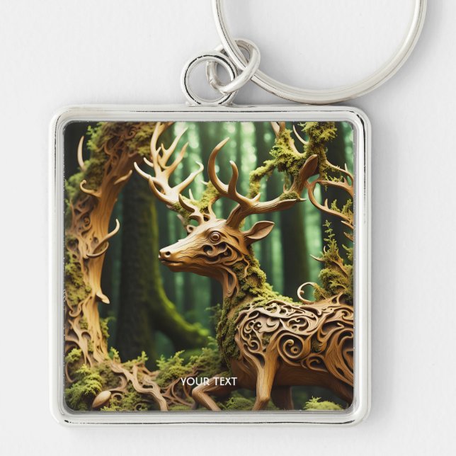 Fantasy Cute Wooden Carving Deer Key Ring (Front)