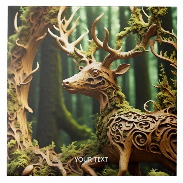 Fantasy Cute Wooden Carving Deer Tile (Front)