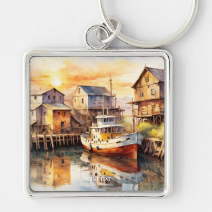 Fantasy Cute Wooden Fishing Trawler Key Ring