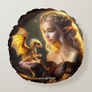 Fantasy Cute Yellow Baby Dragon Round Cushion