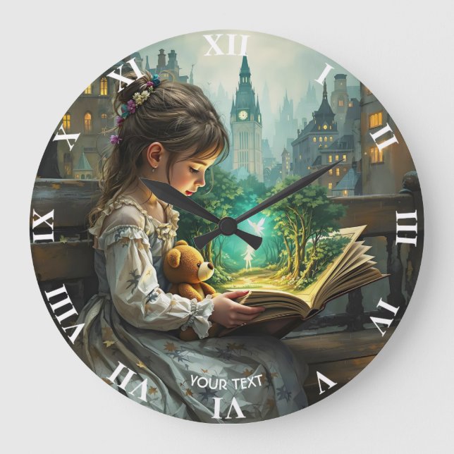 Fantasy Cute Young Girl Reading Large Clock (Front)