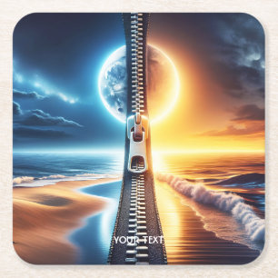 Fantasy Cute Zipper Night Day Square Paper Coaster