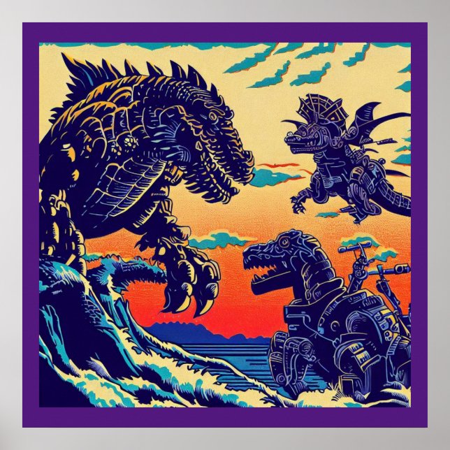 Fantasy Dinosaur Robots Anime - Woodcut 1 Poster (Front)