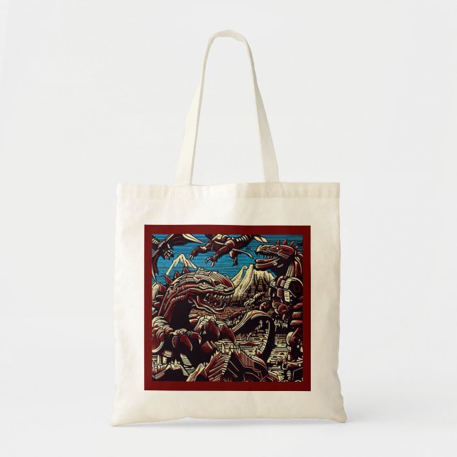 Fantasy Dinosaur Robots Anime - Woodcut 2 Tote Bag (Front)