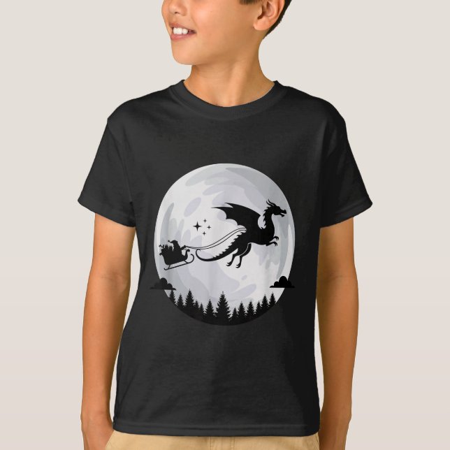 Fantasy Dragon Moon Sleigh, Santa Pulled By Dragon T-Shirt (Front)