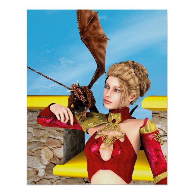 Fantasy Dragon Princess Digital Art Poster (Front)