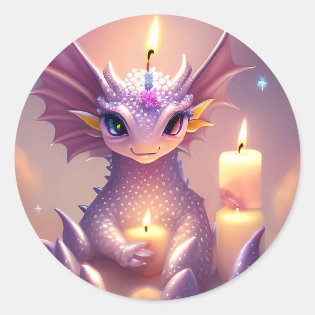 Fantasy Dragon with Birthday Candles Classic Round Sticker (Front)