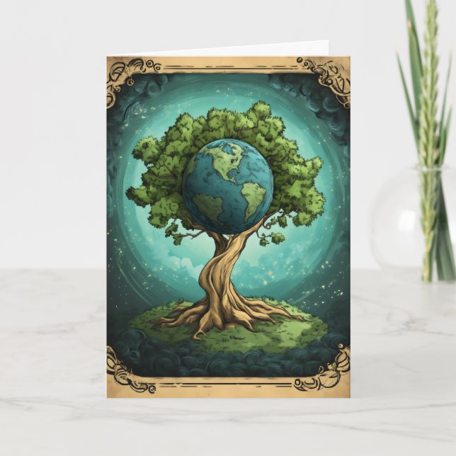 Fantasy Earth Tree Planet Holiday Card (Front)