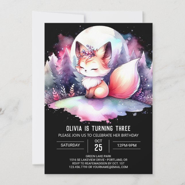 Fantasy Elegant Fox Birthday digital Invitation (Front)