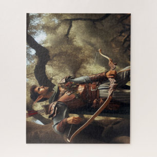 Fantasy Elf Archer Resting in Enchanted Oak Forest Jigsaw Puzzle