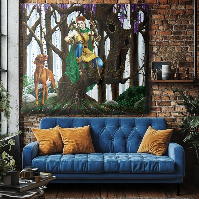 Fantasy Elf Archer Vizsla Dog Enchanted Forest Tapestry (Creator Uploaded)