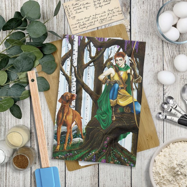 Fantasy Elf Archer Vizsla Dog Enchanted Forest Tea Towel (Creator Uploaded)