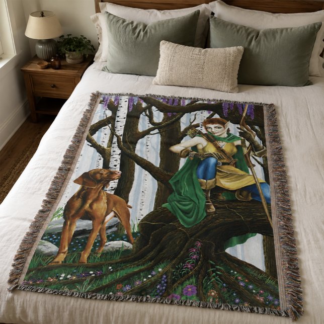 Fantasy Elf Archer Vizsla Dog Enchanted Forest Throw Blanket (Creator Uploaded)