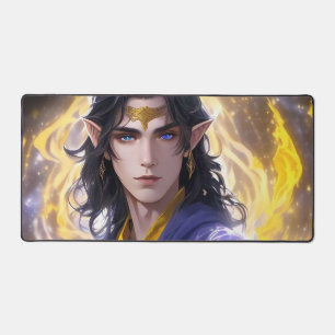 Fantasy Elven Mage: Dark Hair & Fiery Background Desk Mat