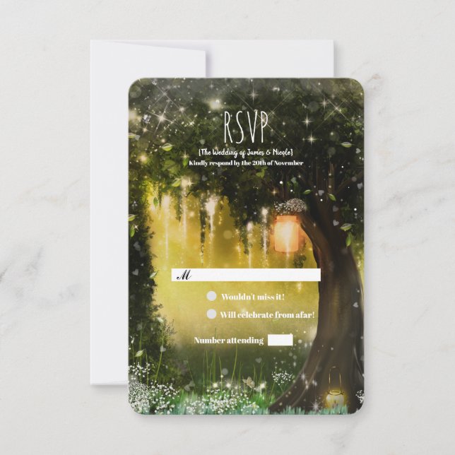 Fantasy Enchanted Green Forest Wedding RSVP  Card (Front)